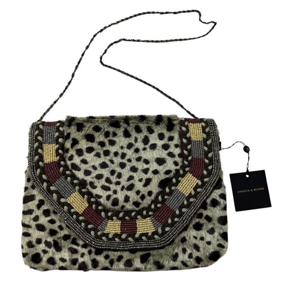 NWT AMERICA & BEYOND Beaded Envelope Clutch Crossbody Bag Boho Cheetah Print - Picture 1 of 4